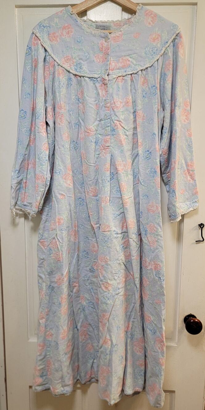 Vintage Lanz of Salzburg Blue Floral Flannel Nightgown - Large